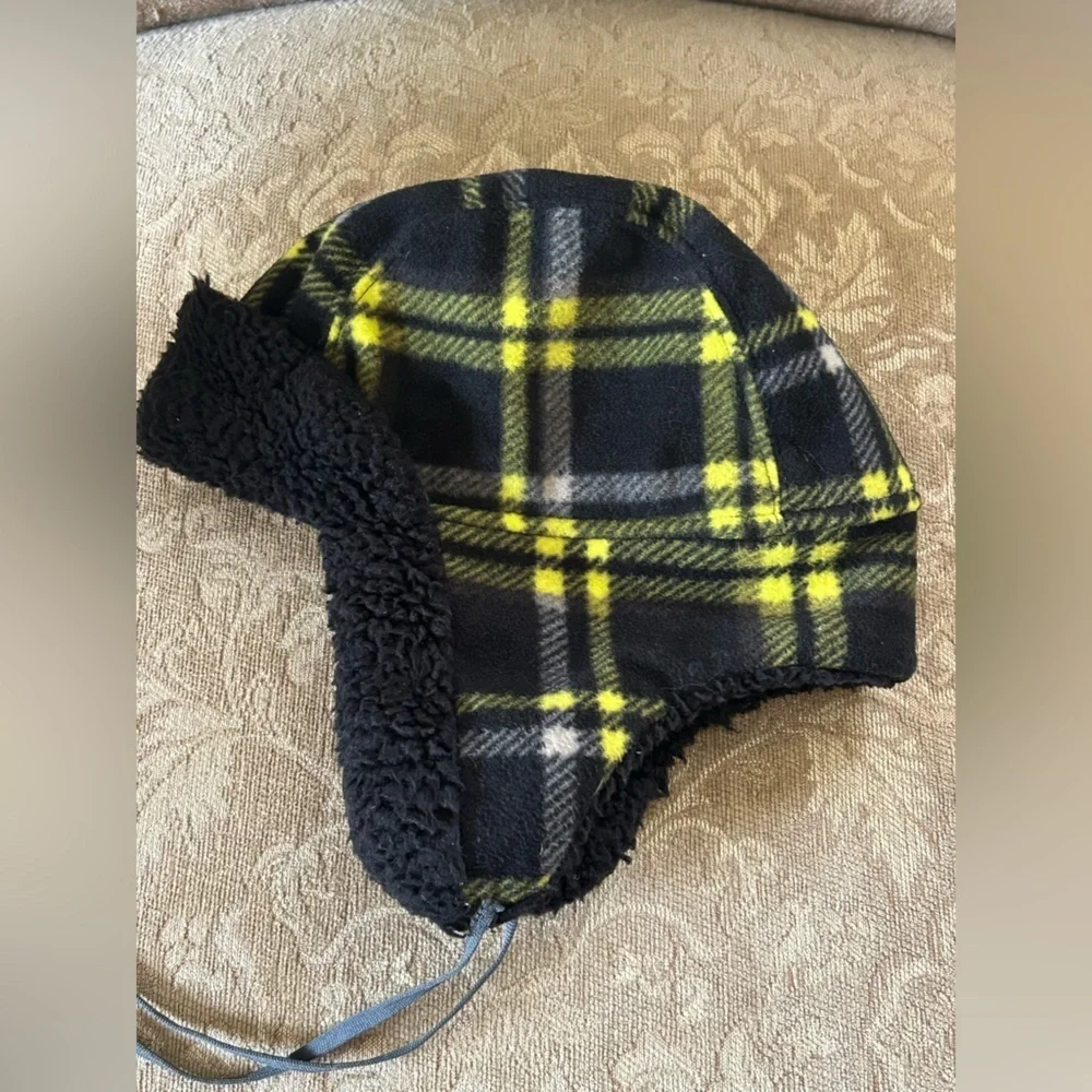 Kids Black Yellow Plaid Fleece Trapper Hat Sherpa Lined Winter Ear Flap 2–5T